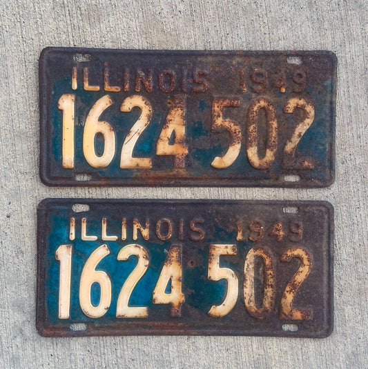 Photo of a 1949 Illinois License Plate Pair Auto Tag Garage Decor Vintage 1624 502 with original patina