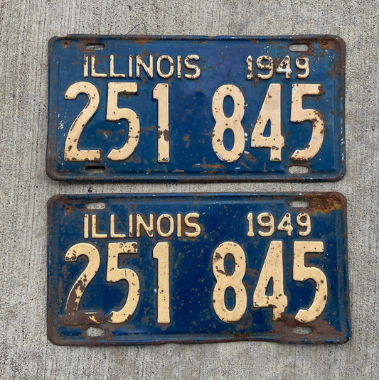 Photo of a 1949 Illinois License Plate Pair Auto Tag Garage Decor Vintage 251845 with original patina