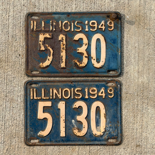 Photo of a 1949 Illinois License Plate Pair Auto Tag Garage Decor Vintage Low Number Four Digit 5130 with original patina