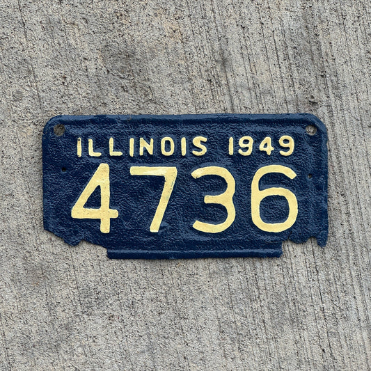 Photo of a 1949 Illinois Motorcycle License Plate Auto Tag Garage Decor Vintage Low Number Four Digit 4736 with original patina