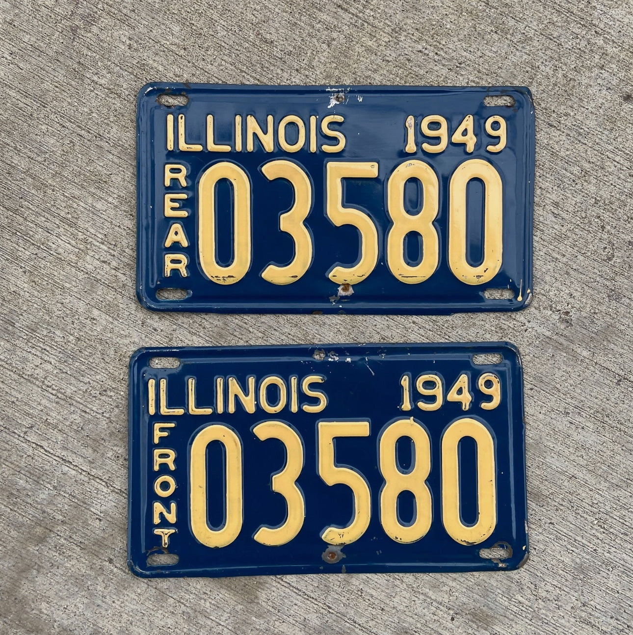 Photo of a 1949 Illinois Taxi License Plate Pair Auto Tag Garage Decor Vintage 03580 with original patina