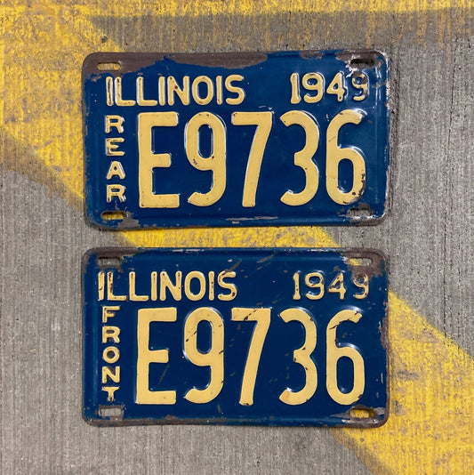 Photo of a 1949 Illinois Truck License Plate Pair Auto Tag Garage Decor Vintage E 9736 with original patina