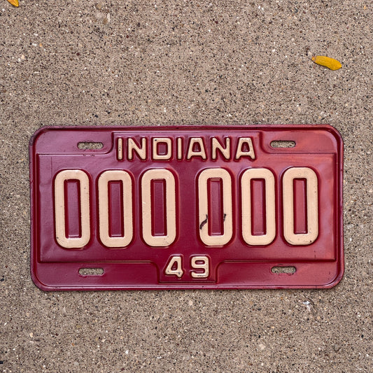Photo of a 1949 Indiana Sample License Plate Auto Tag Garage Decor Vintage 000 000 with original patina