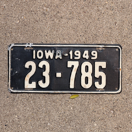 Photo of a 1949 Iowa License Plate Auto Tag 1 Garage Decor Waffle Style 23 785 with original patina