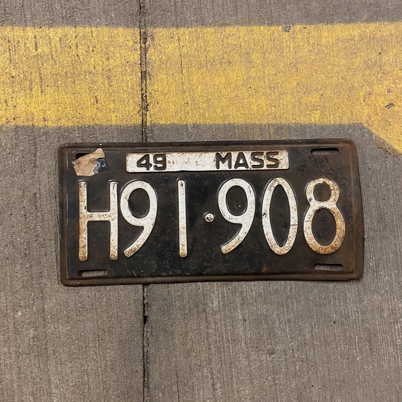 Photo of a 1949 Massachusetts License Plate Auto Tag Garage Decor Vintage Mass H 91 908