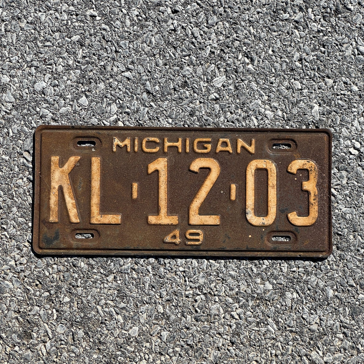 Photo of a 1949 Michigan License Plate Auto Tag Garage Decor Vintage KL1203
