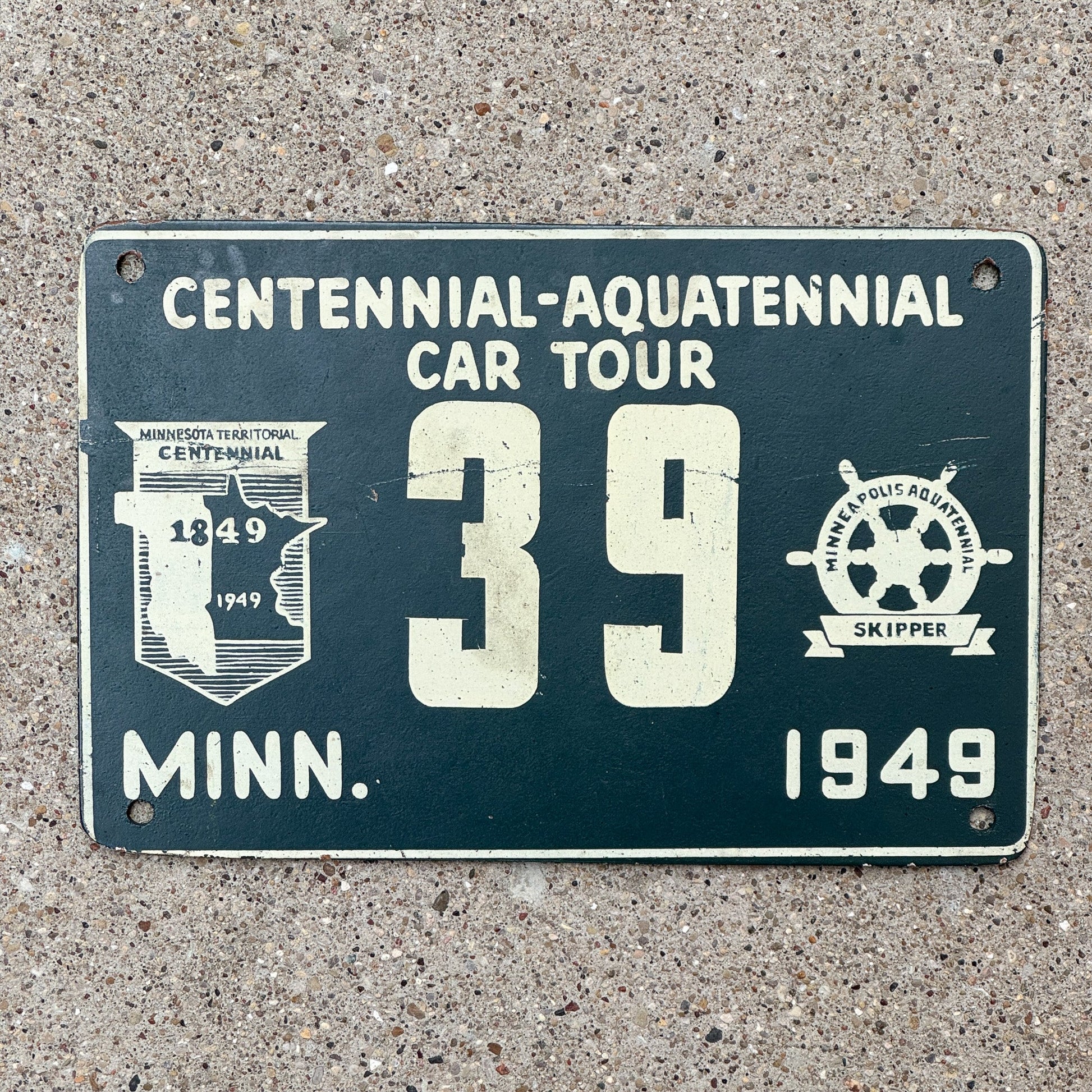 Photo of a 1949 Minnesota Fiberboard Event License Plate Auto Tag Garage Decor Vintage Territorial Centennial Minneapolis Aquatennial Car Tour 39 with original patina