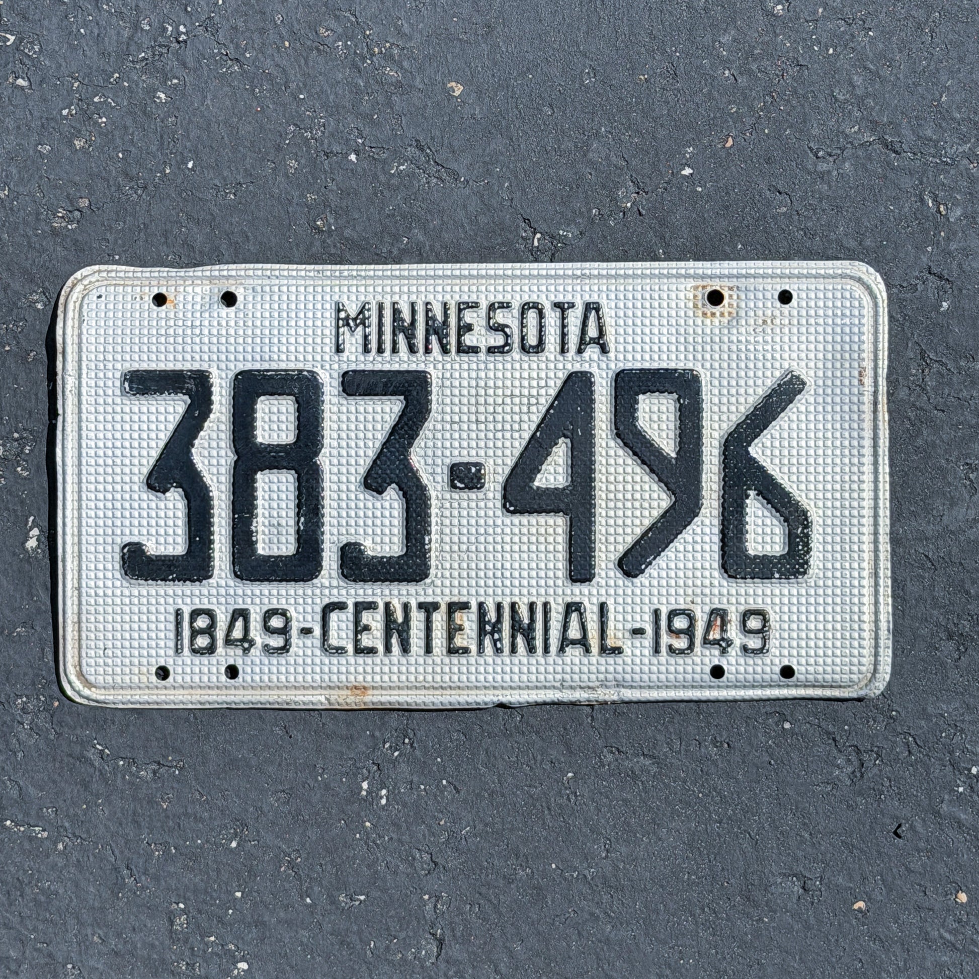 Photo of a 1949 Minnesota License Plate Auto Tag Garage Decor Vintage Waffle Style 383 496 with original patina