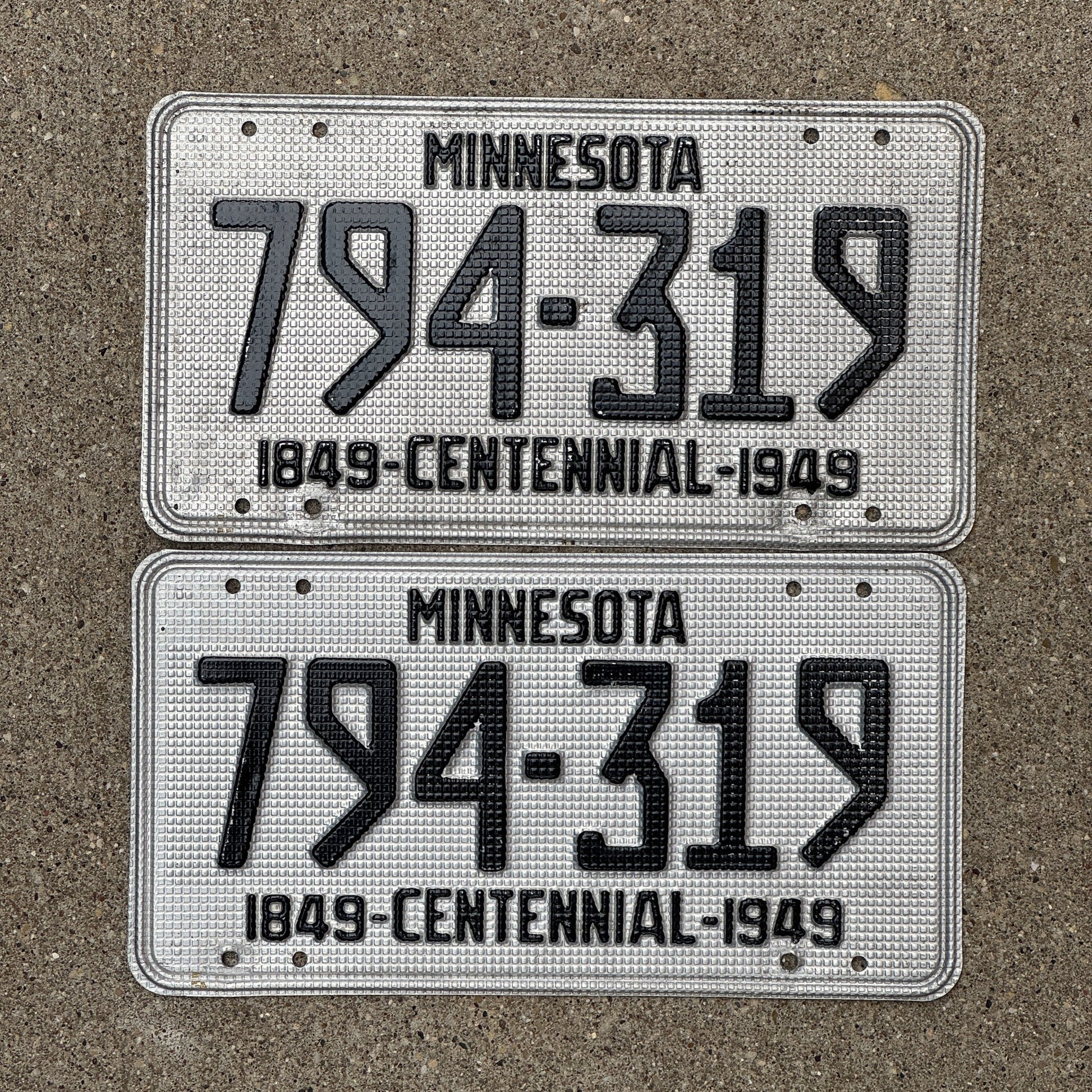 Photo of a 1949 Minnesota License Plate Pair Auto Tag Garage Decor Vintage Waffle Style 794 319 with original patina