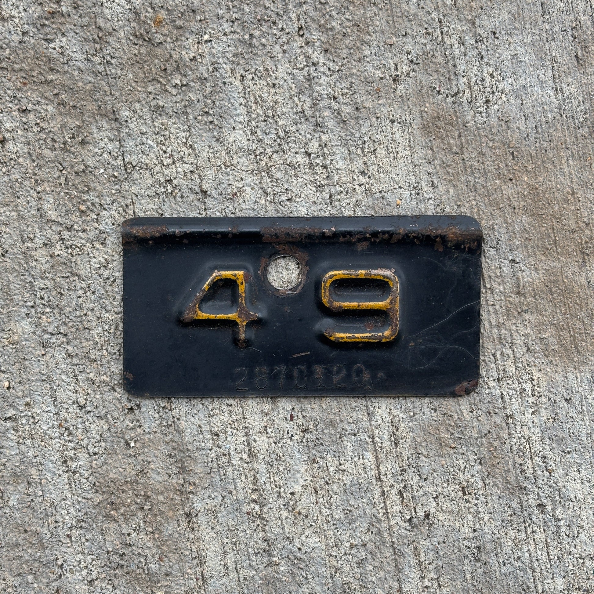 Photo of a 1949 New York Tab License Plate Auto Tag Garage Decor Vintage 2870120 with original patina