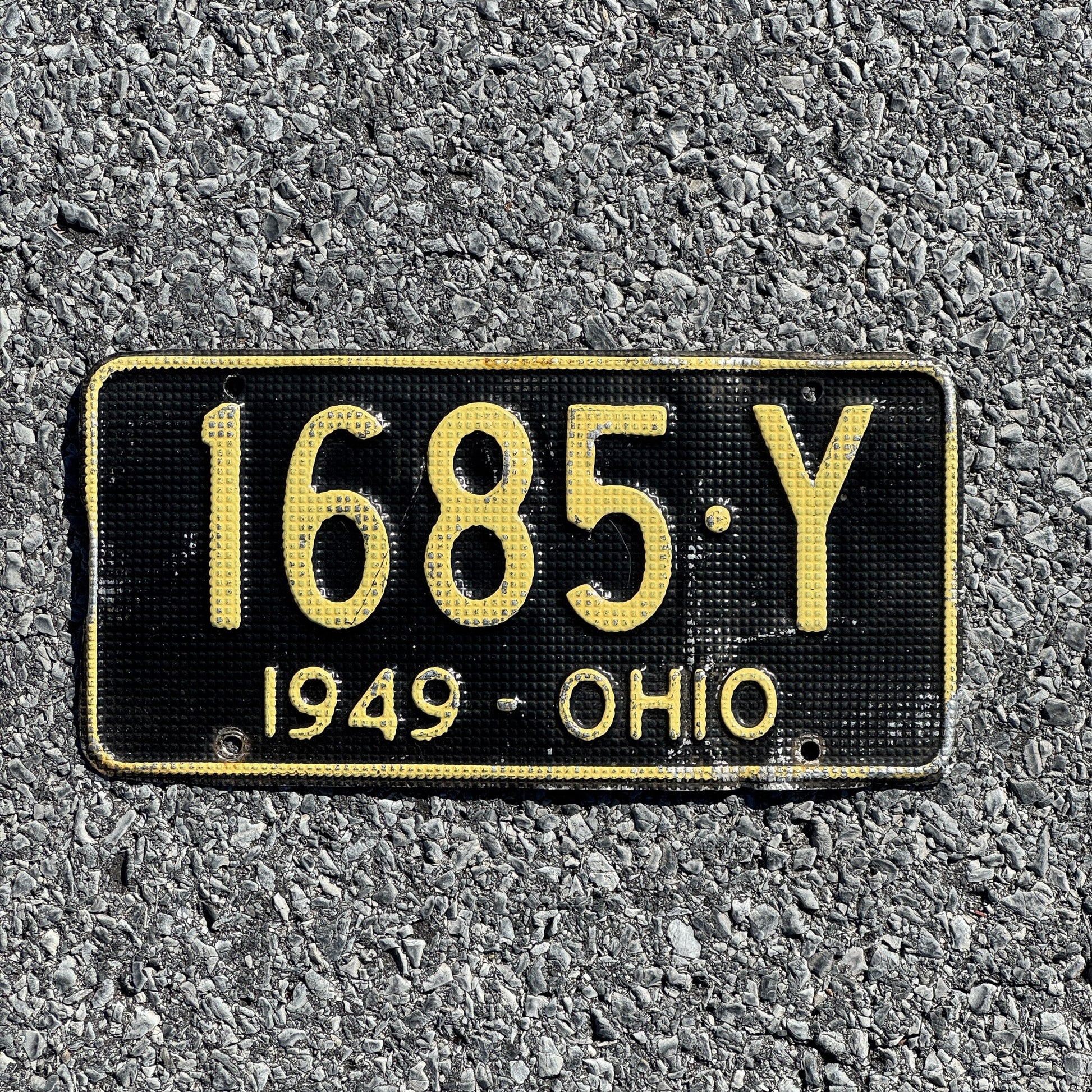 Photo of a 1949 Ohio License Plate Auto Tag Garage Decor Vintage Waffle Style 1685 Y
