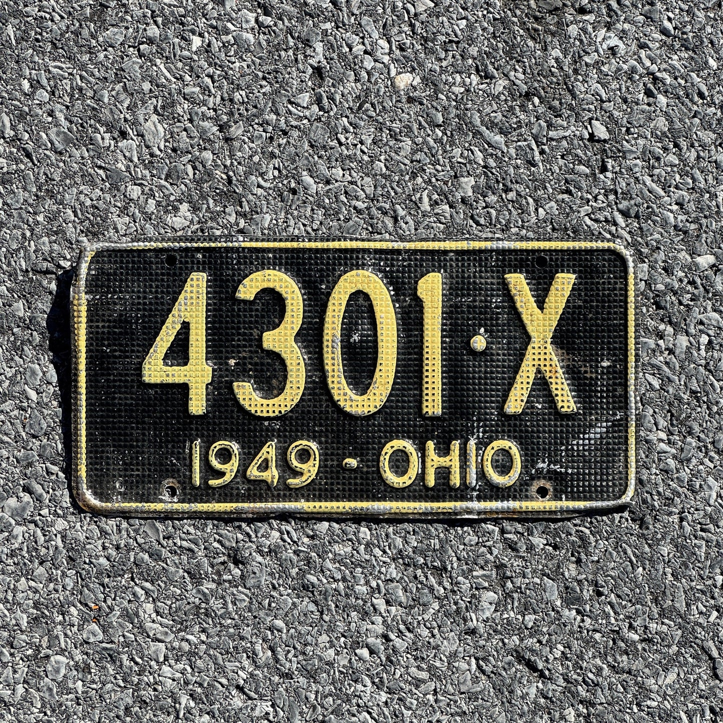 Photo of a 1949 Ohio License Plate Auto Tag Garage Decor Vintage Waffle Style 4301 X