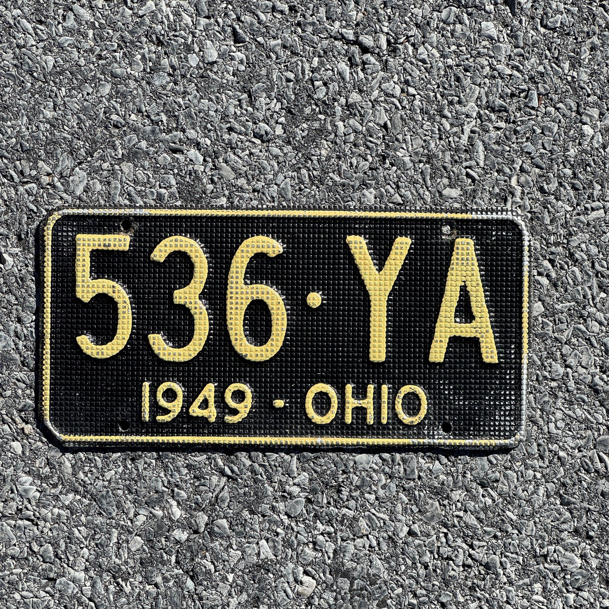 Photo of a 1949 Ohio License Plate Auto Tag Garage Decor Vintage Waffle Style 536 YA