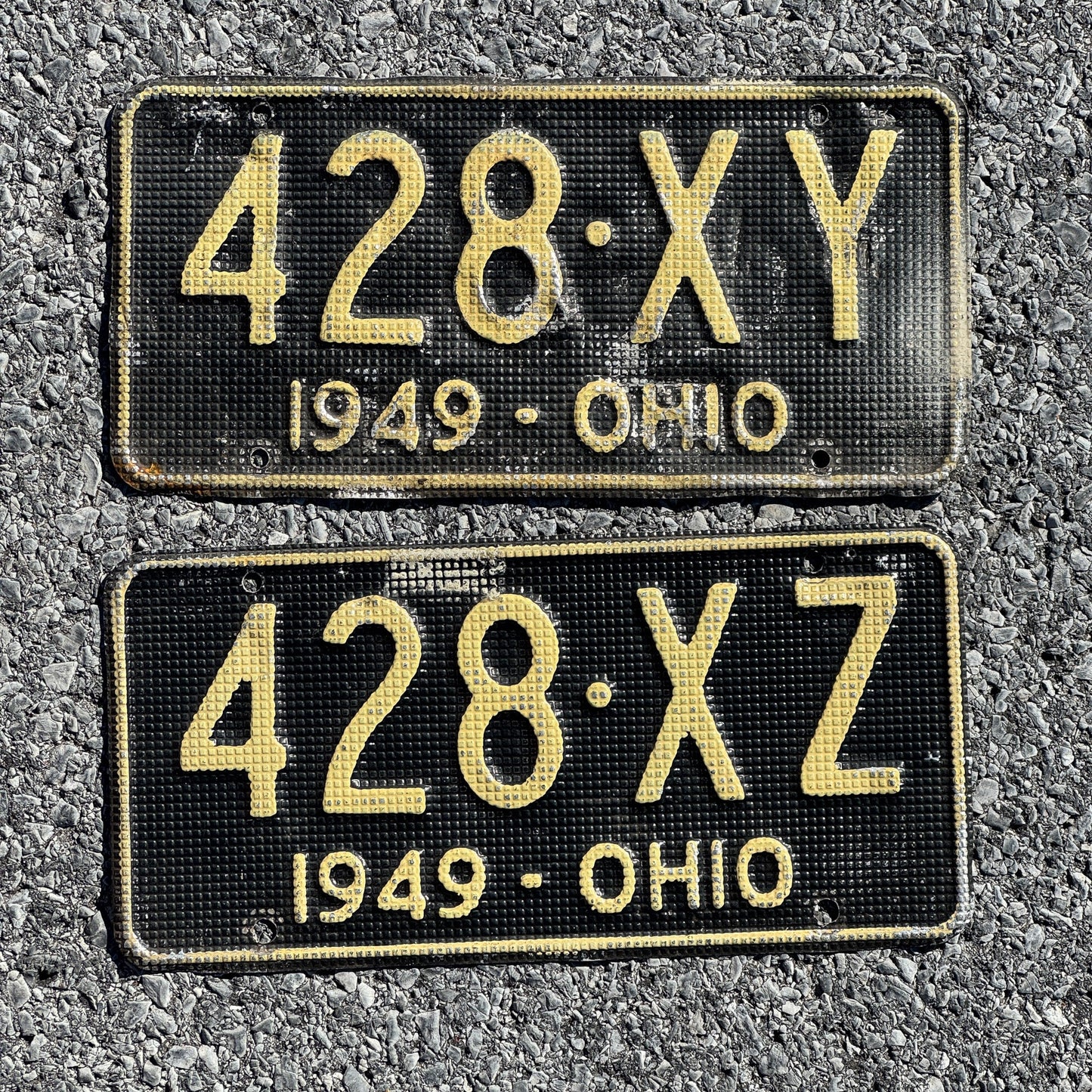 Photo of a 1949 Ohio License Plate Pair Auto Tag Garage Decor Vintage Waffle Style 428 XY