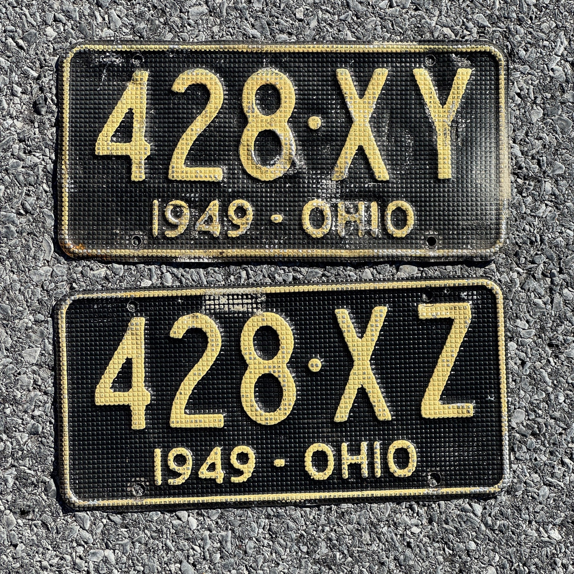 Photo of a 1949 Ohio License Plate Pair Auto Tag Garage Decor Vintage Waffle Style 428 XY