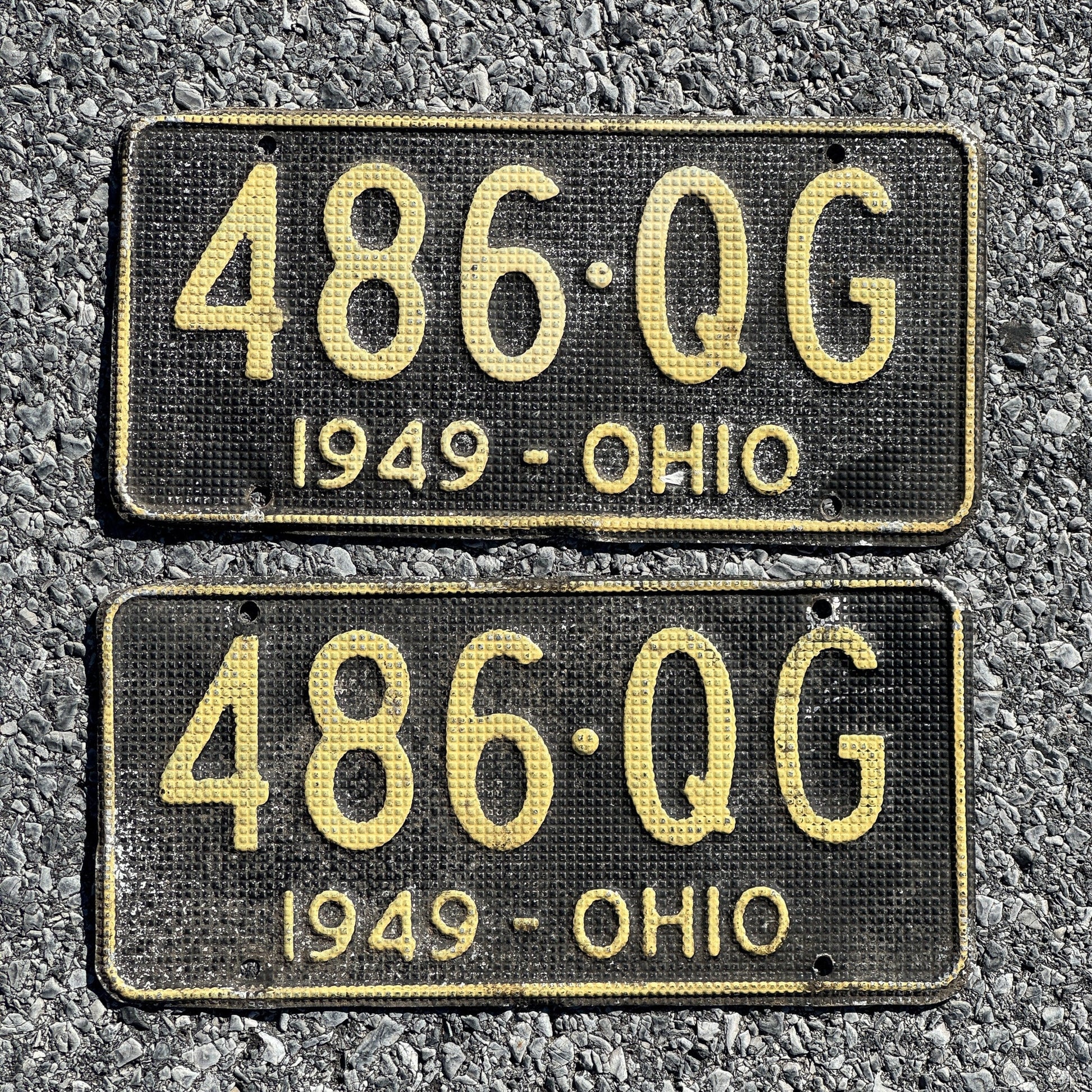 Photo of a 1949 Ohio License Plate Pair Auto Tag Garage Decor Vintage Waffle Style 486 QG