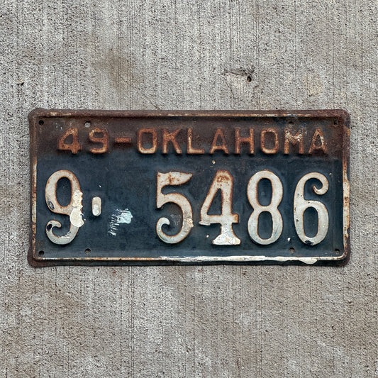 Photo of a 1949 Oklahoma License Plate Auto Tag Garage Decor Vintage 9 5486 with original patina