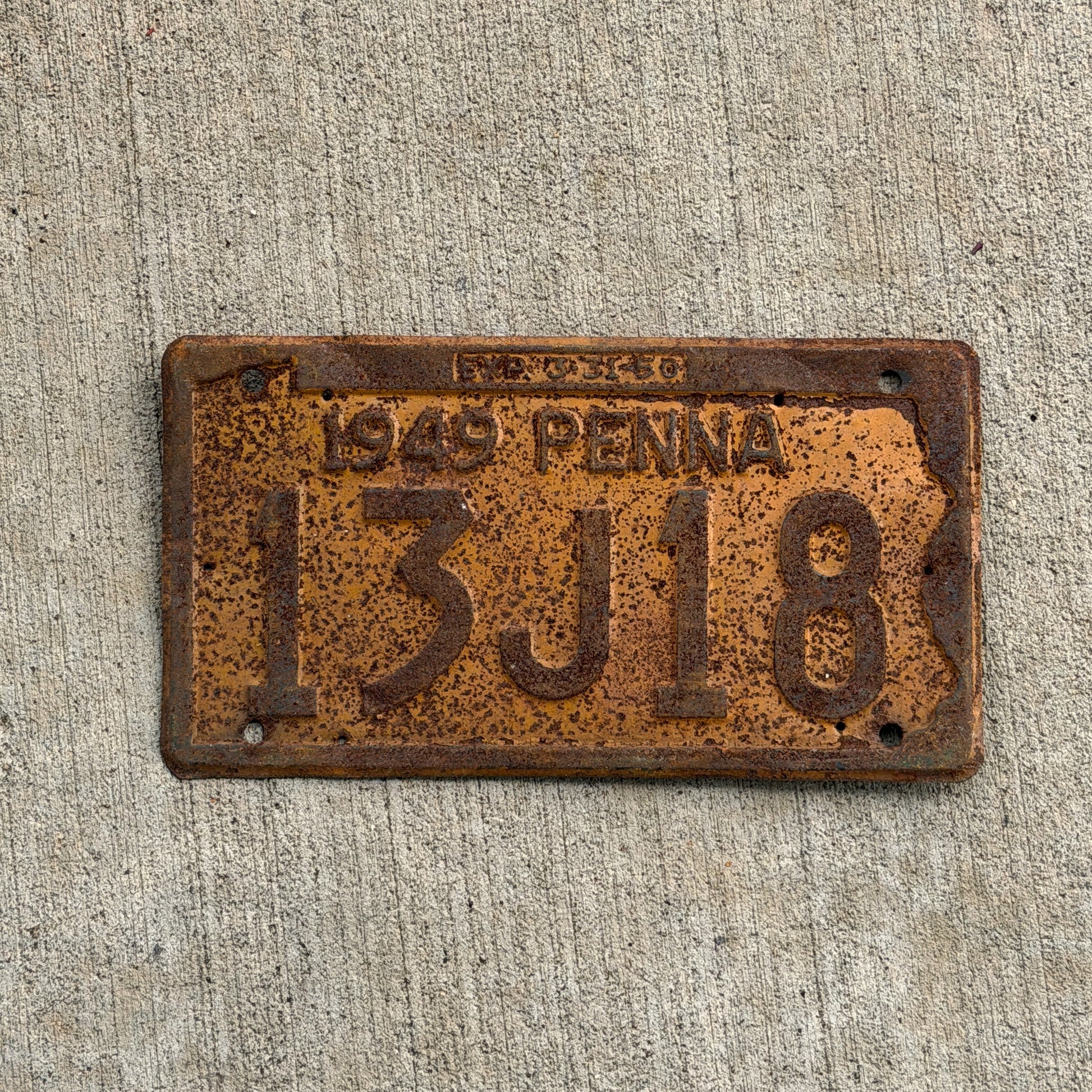 Photo of a 1949 Pennsylvania License Plate Auto Tag Garage Decor Vintage 13 J 18 with original patina