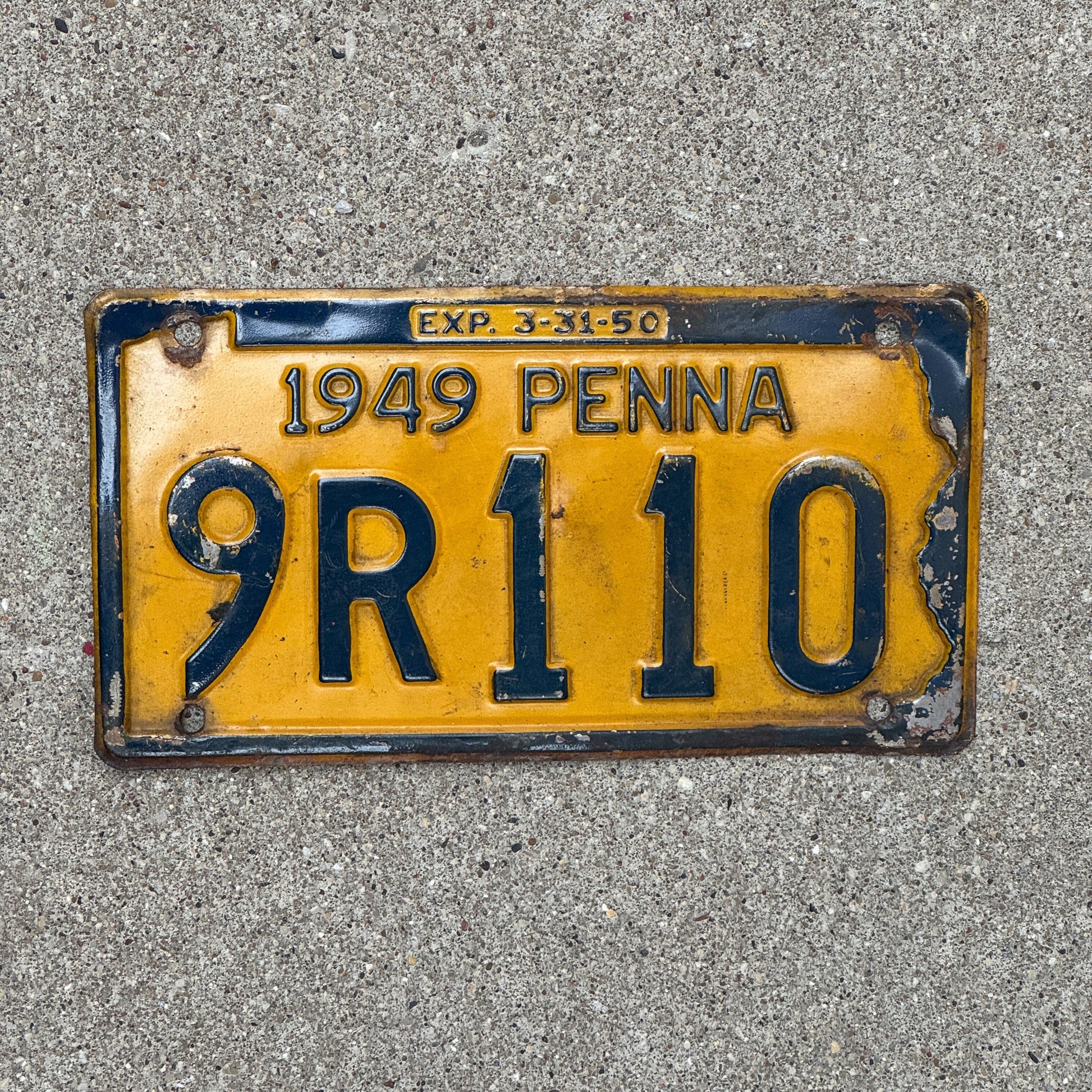 Photo of a 1949 Pennsylvania License Plate Auto Tag Garage Decor Vintage 9R 110 with original patina