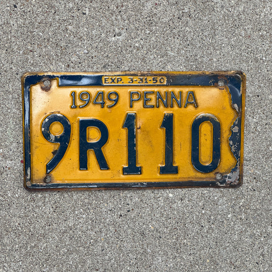 Photo of a 1949 Pennsylvania License Plate Auto Tag Garage Decor Vintage 9R 110 with original patina