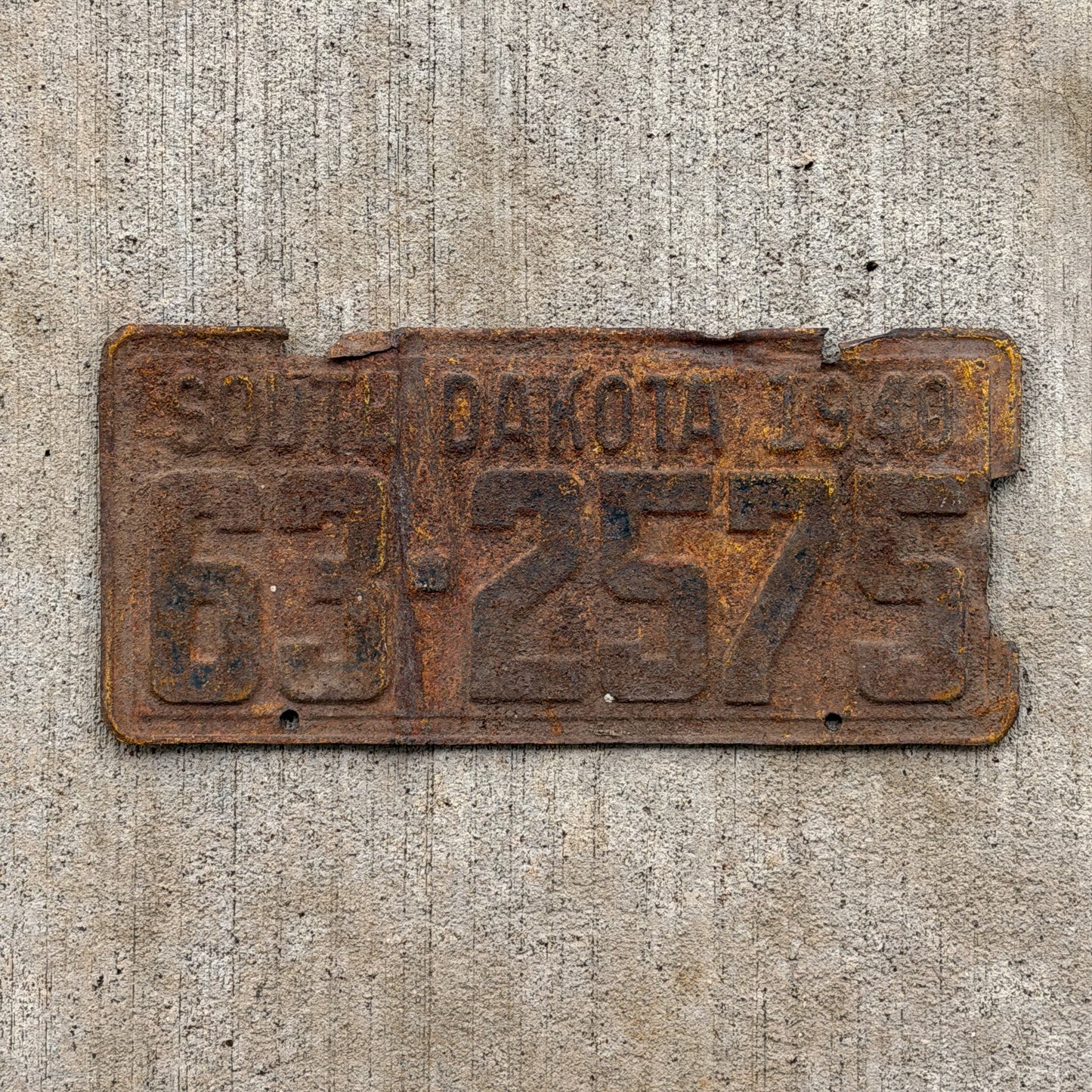 Photo of a 1949 South Dakota License Plate Auto Tag Garage Decor Vintage 63 2575 with original patina