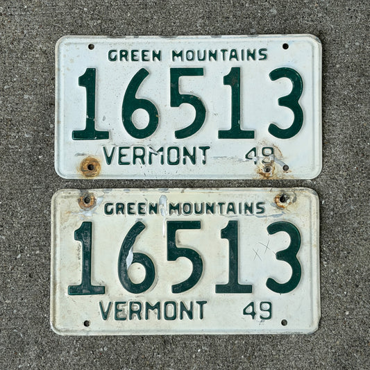 Photo of a 1949 Vermont License Plate Pair Auto Tag Garage Decor Vintage 16513 with original patina