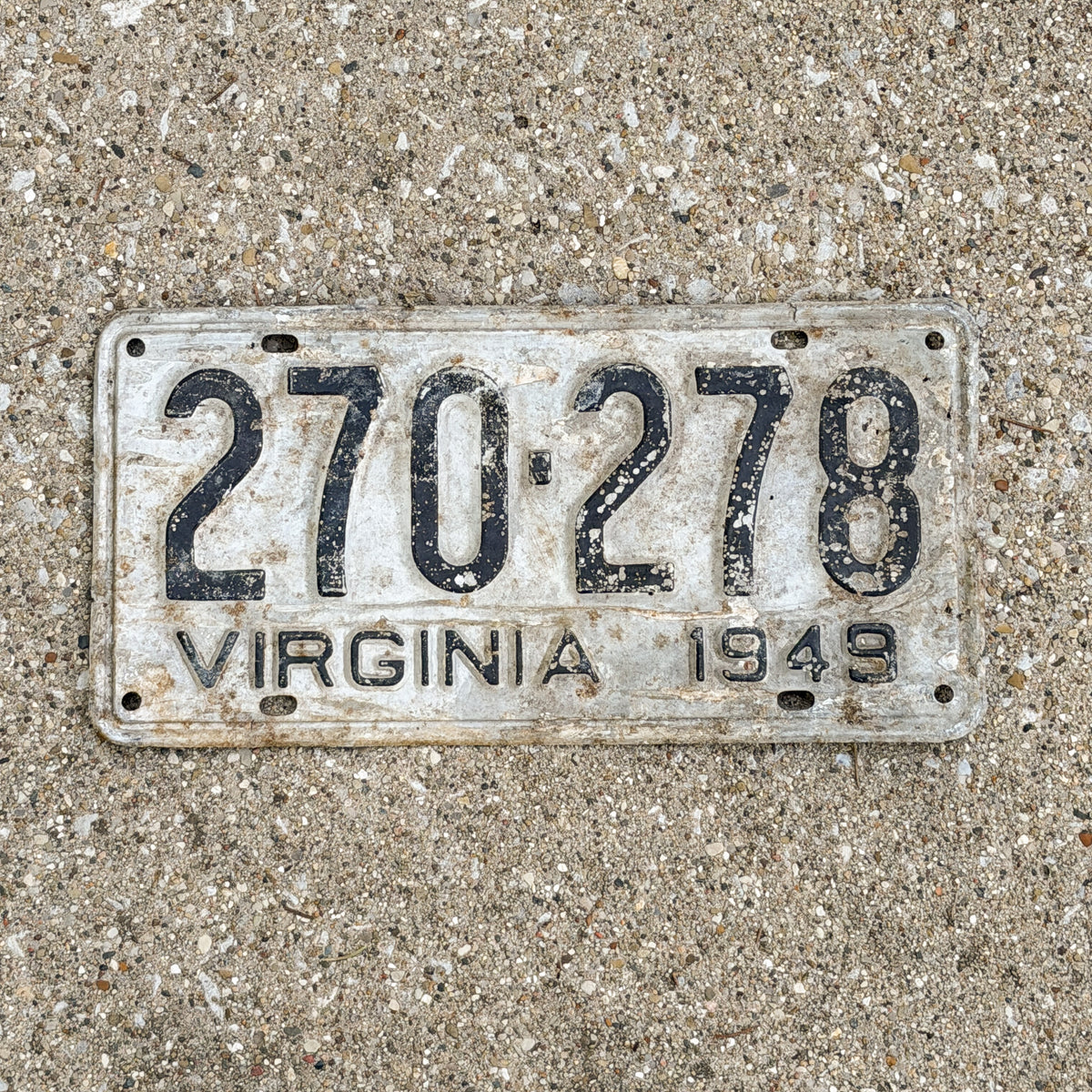 Photo of a 1949 Virginia License Plate Auto Tag Garage Decor Vintage 270 278 with original patina