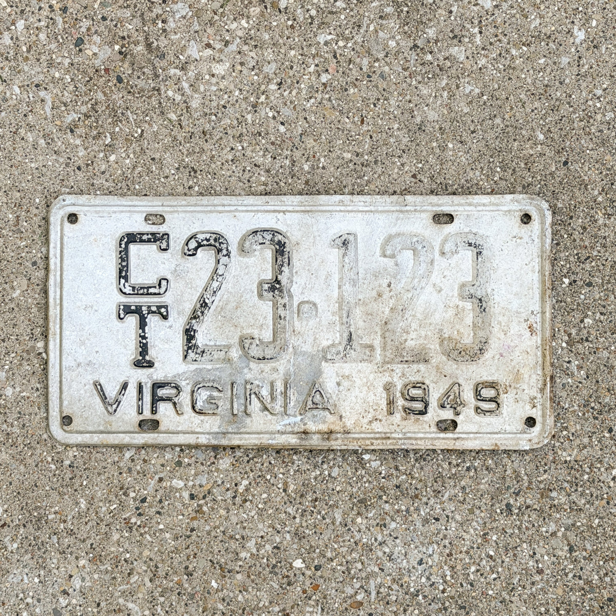 Photo of a 1949 Virginia Trailer License Plate Auto Tag Garage Decor Vintage 23 123 with original patina