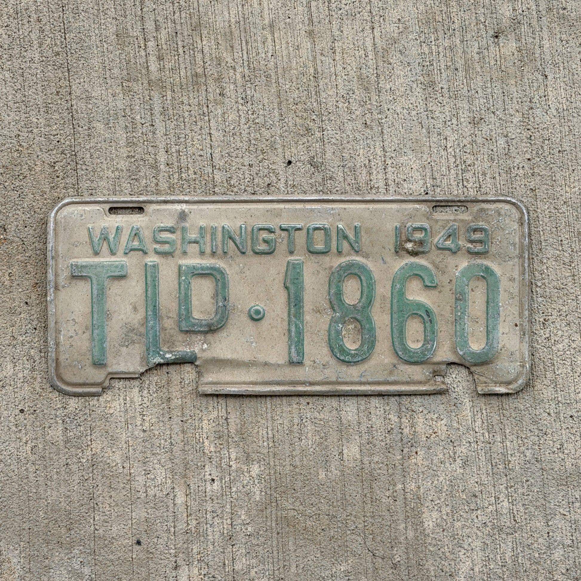 Photo of a 1949 Washington Trailer License Plate Auto Tag Garage Decor Vintage TLD 1860 with original patina
