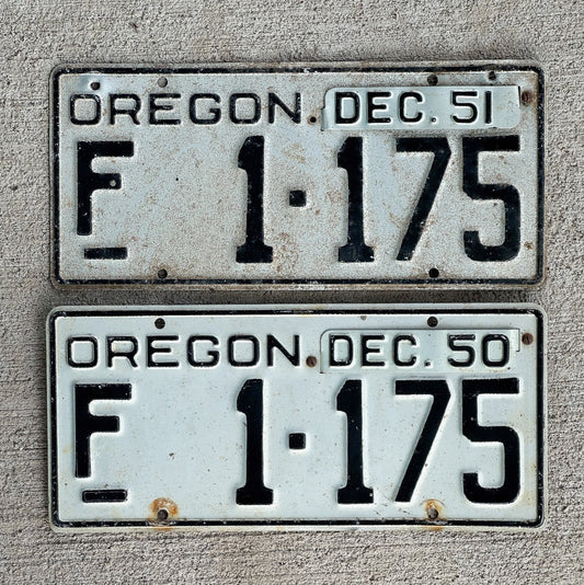 Photo of a 1950 1951 Oregon License Plate Pair Auto Tag Garage Decor Vintage F 1175 with original patina