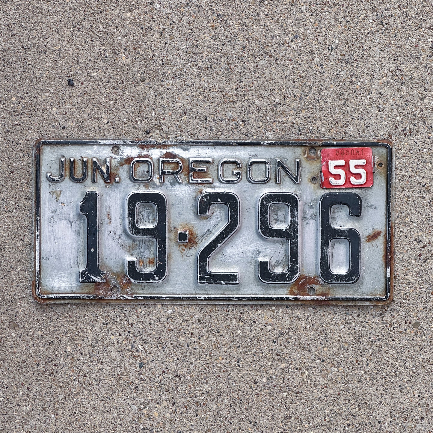 Photo of a 1950 1955 Oregon License Plate Auto Tag Garage Decor Vintage 19 296 with original patina