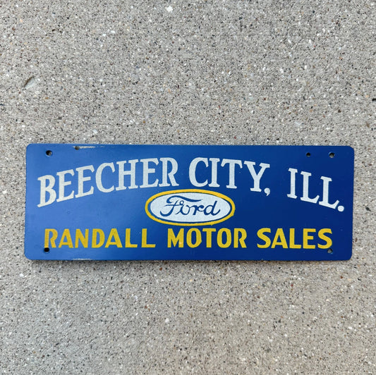 Photo of a 1950 Era Beecher City Illinois License Plate Topper Auto Tag Garage Decor Vintage Smaltz Paint Ford Dealer Randall Motor Sales with original patina