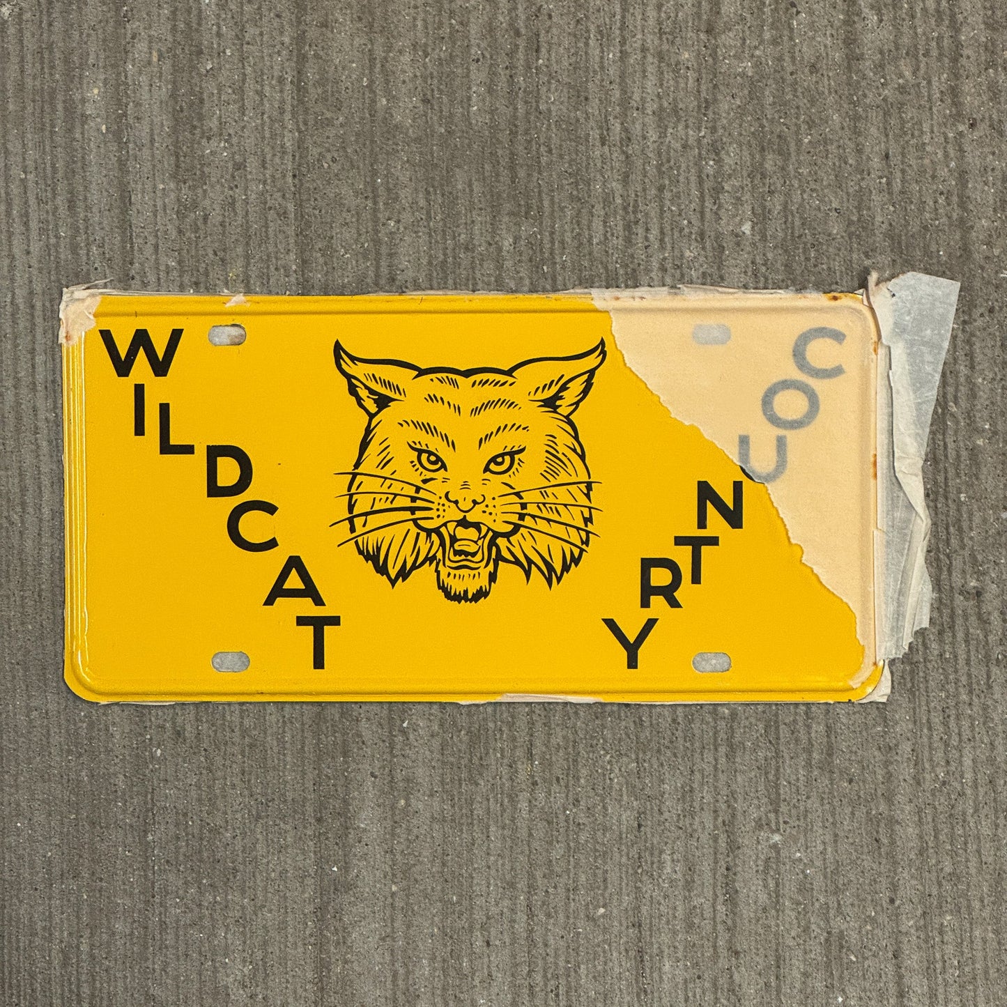 Photo of a 1950 Era Booster License Plate Auto Tag 10 Garage Decor New Old Stock with Rice Paper Wildcat Country with original patina