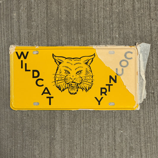 Photo of a 1950 Era Booster License Plate Auto Tag 10 Garage Decor New Old Stock with Rice Paper Wildcat Country with original patina