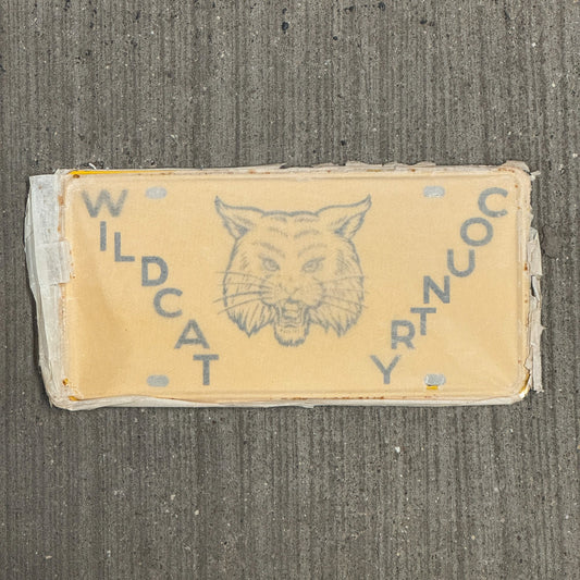 Photo of a 1950 Era Booster License Plate Auto Tag 12 Garage Decor New Old Stock with Rice Paper Wildcat Country with original patina