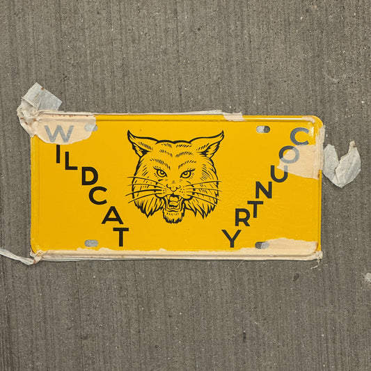 Photo of a 1950 Era Booster License Plate Auto Tag Garage Decor Vintage New Old Stock with Rice Paper Wildcat Country with original patina