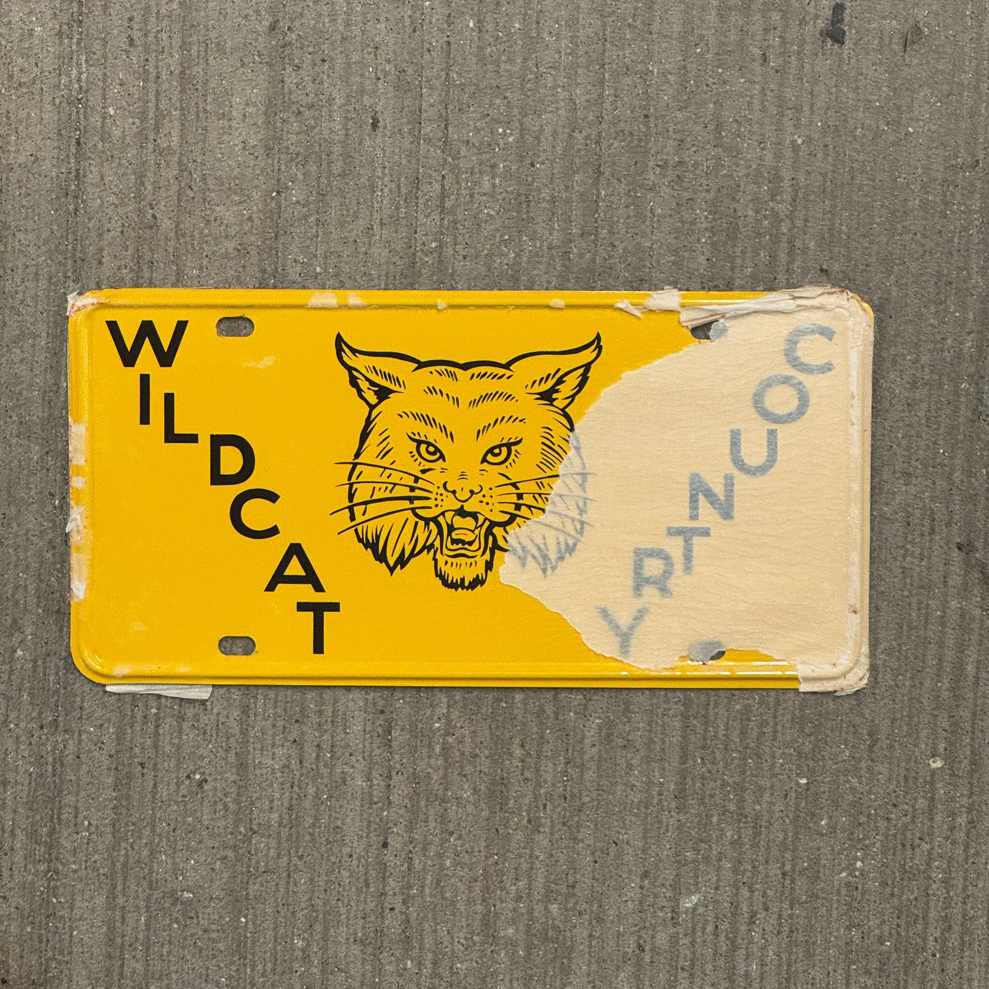 Photo of a 1950 Era Booster License Plate Auto Tag Garage Decor Vintage New Old Stock with Rice Paper Wildcat Country with original patina