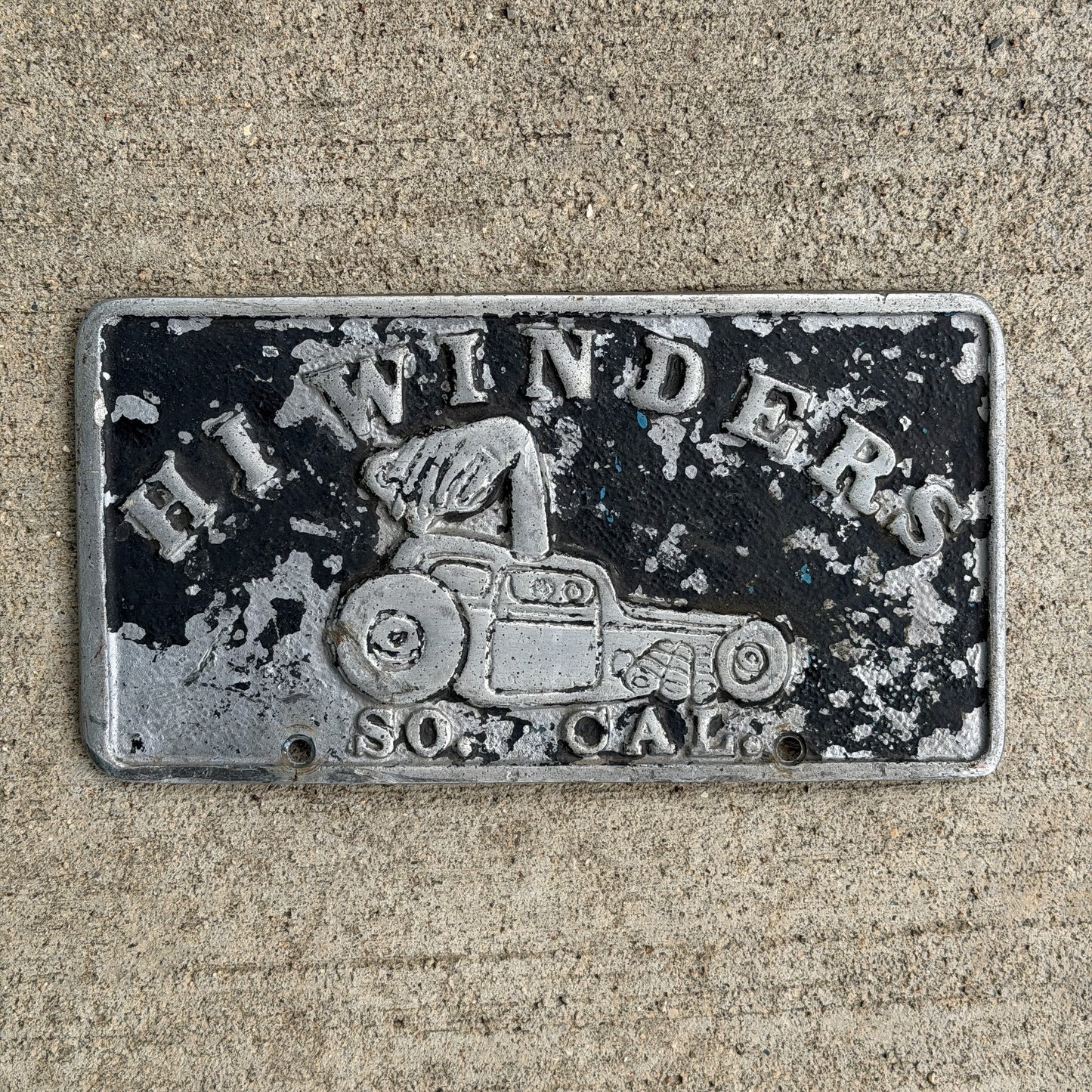 Photo of a 1950 Era California Booster License Plate Auto Tag Garage Decor Vintage Cast Aluminum Auto Car Club Plaque Southern California HI WINDERS SO. CAL with original patina