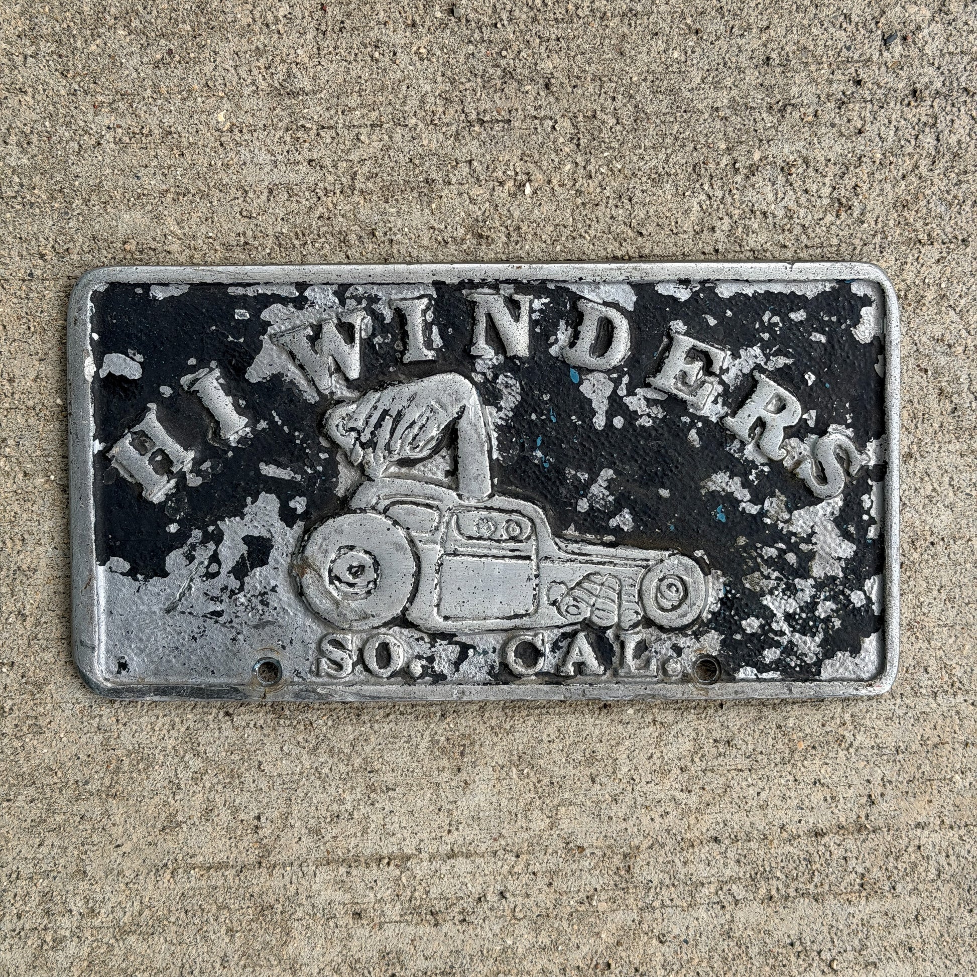 Photo of a 1950 Era California Booster License Plate Auto Tag Garage Decor Vintage Cast Aluminum Auto Car Club Plaque Southern California HI WINDERS SO. CAL with original patina