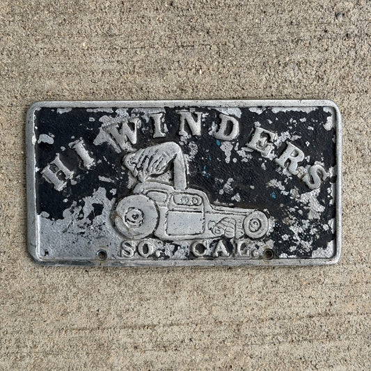 Photo of a 1950 Era California Booster License Plate Auto Tag Garage Decor Vintage Cast Aluminum Auto Car Club Plaque Southern California HI WINDERS SO. CAL with original patina