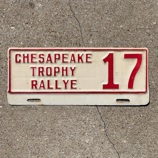 Photo of a 1950 Era Chesapeake Trophy Rallye Maryland License Plate Topper Auto Tag Garage Decor Vintage Maryland Motor Sports Car with original patina
