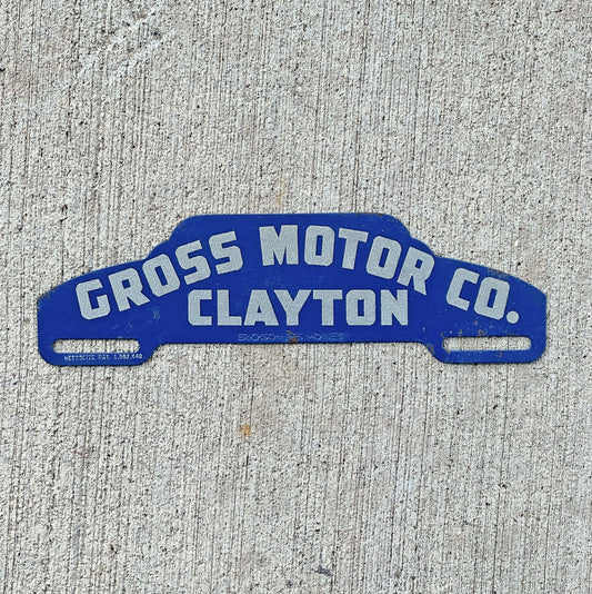 Photo of a 1950 Era Clayton Illinois License Plate Topper Auto Tag Garage Decor Vintage Gross Motor Co. Ford Dealer with original patina