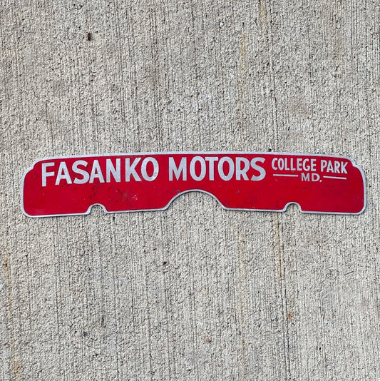 Photo of a 1950 Era College Park Maryland License Plate Topper Auto Tag Garage Decor Vintage Fasanko Motors Dodge Dealer with original patina