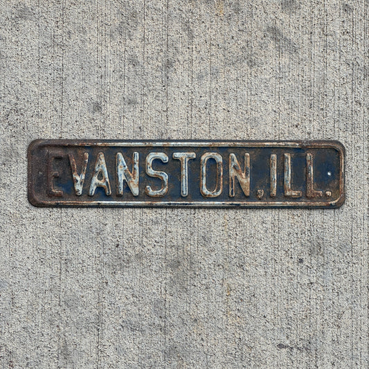 Photo of a 1950 Era Evanston Illinois License Plate Topper Auto Tag Garage Decor Vintage with original patina