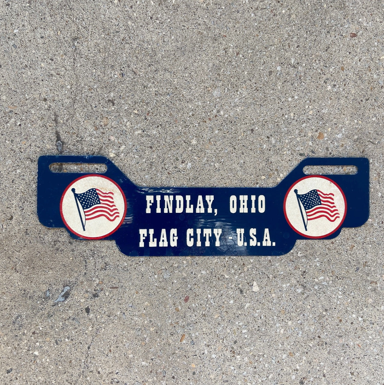 Photo of a 1950 Era Findlay Ohio License Plate Topper Auto Tag Garage Decor Vintage OH Flag City USA Americana Smaltz Paint with original patina