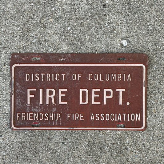 Photo of a 1950 Era Friendship Fire Association Washington DC Booster License Plate Auto Tag Garage Decor Vintage
 Fire Department Fireman Firefighter with original patina