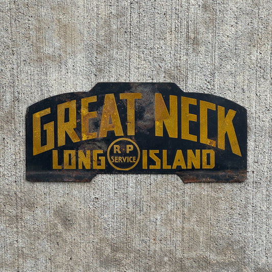 Photo of a 1950 Era Great Neck Long Island New York License Plate Topper Auto Tag Garage Decor Vintage R and P Service Smaltz Paint with original patina