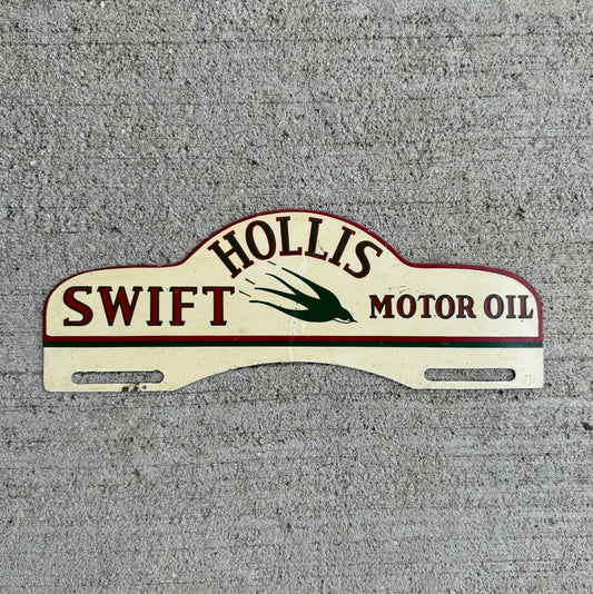 Photo of a 1950 Era Hollis Swift Motor Oil License Plate Topper Auto Tag Garage Decor Vintage Gas Oil Collectible Bird Graphic with original patina