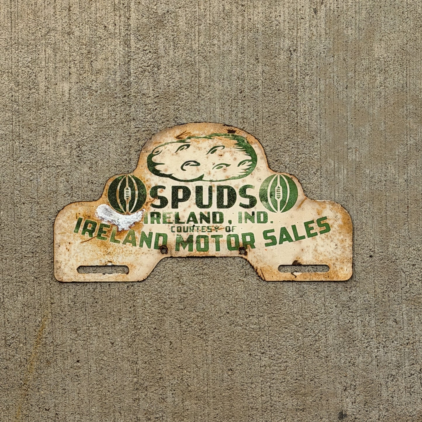 Photo of a 1950 Era Indiana License Plate Topper Auto Tag Garage Decor Vintage Vintage Automotive Memorabilia SPUDS IRELAND INDIANA MOTOR SALES with original patina
