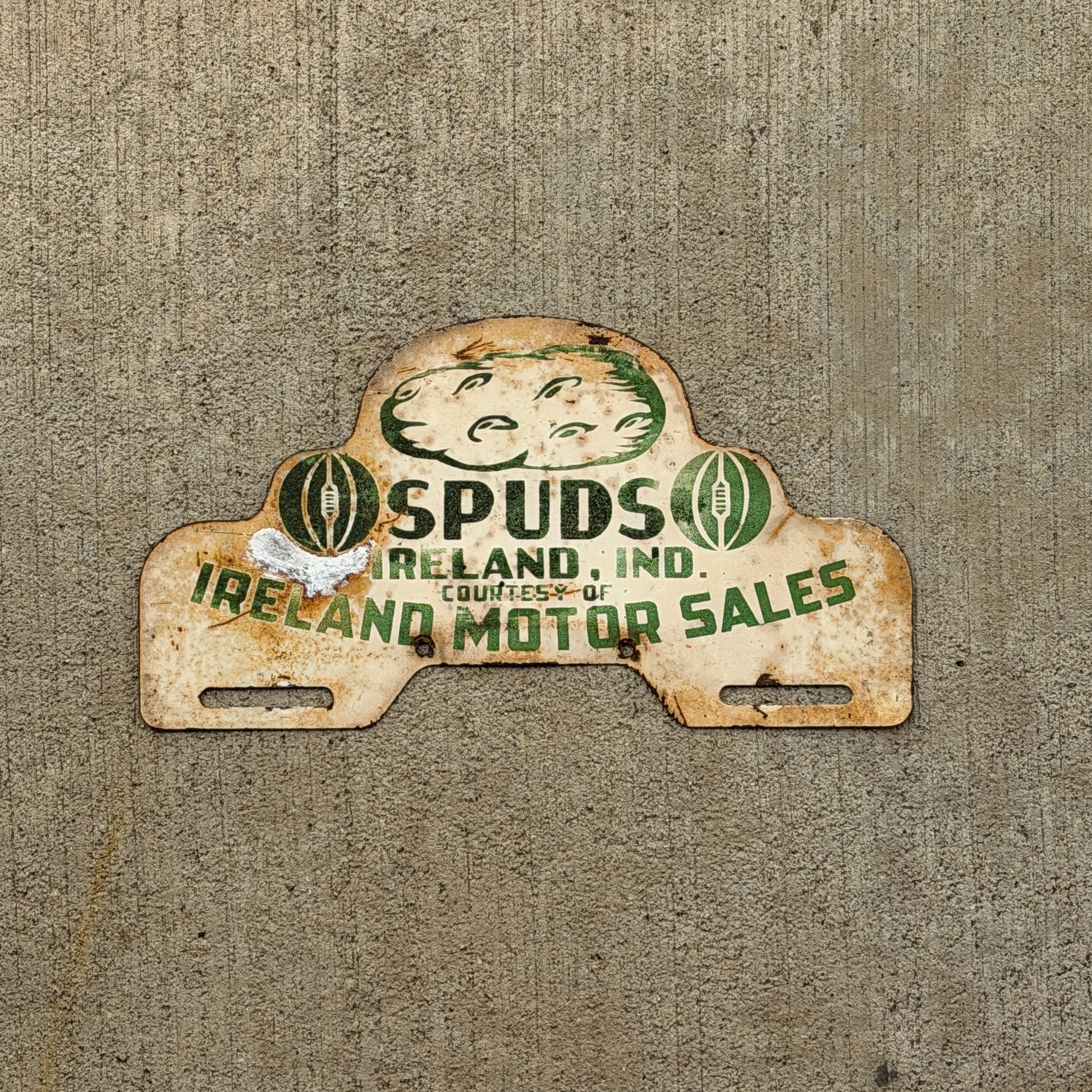 Photo of a 1950 Era Indiana License Plate Topper Auto Tag Garage Decor Vintage Vintage Automotive Memorabilia SPUDS IRELAND INDIANA MOTOR SALES with original patina